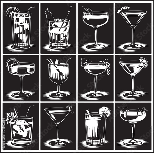 Vector Cocktail Glasses Set – Black and White Drink Illustrations