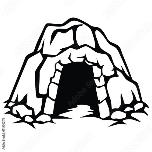 Solitary rocky cave entrance casts dark shadows within the mountain's rough outline