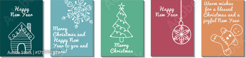 A vector set of five holiday colored cards with white linear symbols: a gingerbread house and man , snowflake, Christmas tree and ball. Merry Christmas and Happy New Year greeting card template