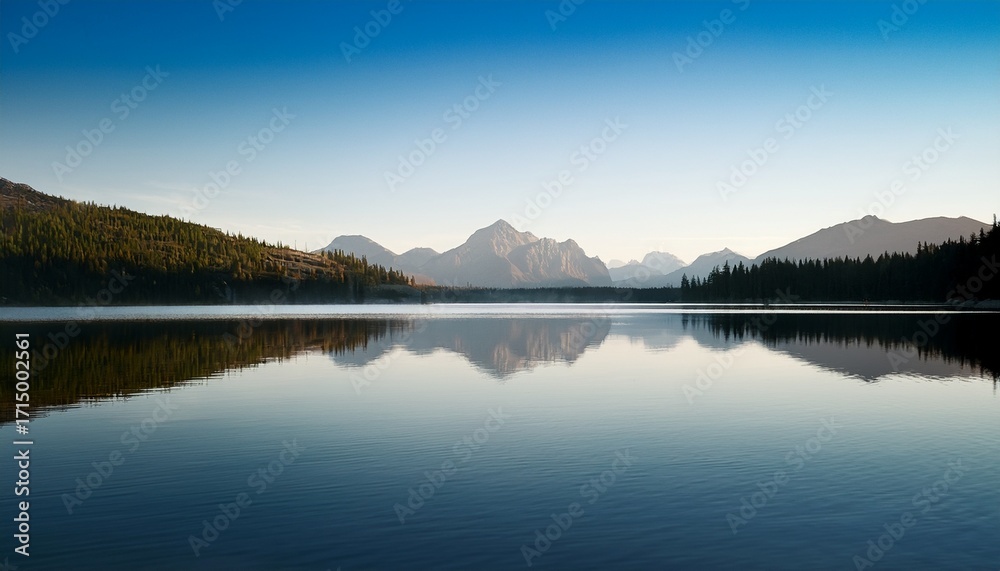 Fototapeta premium Minimalist Artwork Of A Serene Lake With Distant Mountain Reflections