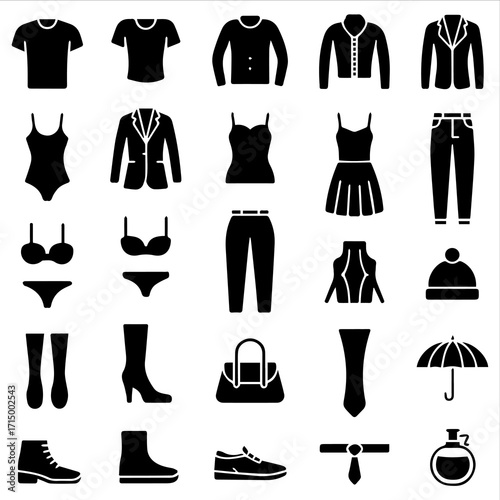 Clothing and Fashion Icon Set – Apparel and Accessories Silhouette Collection
