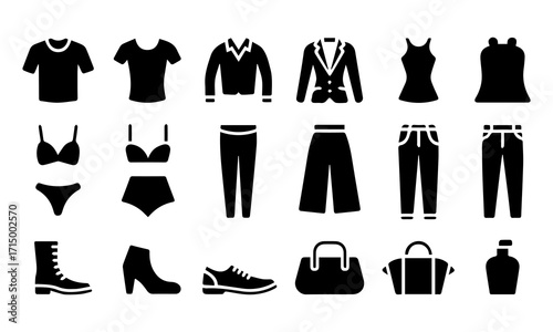 Clothing and Fashion Icon Set – Apparel and Accessories Silhouette Collection