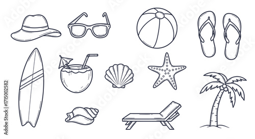 A delightful collection of hand-drawn outline illustrations icons featuring a Tropical Vacation Set, perfect for summer holidays and beach-themed designs