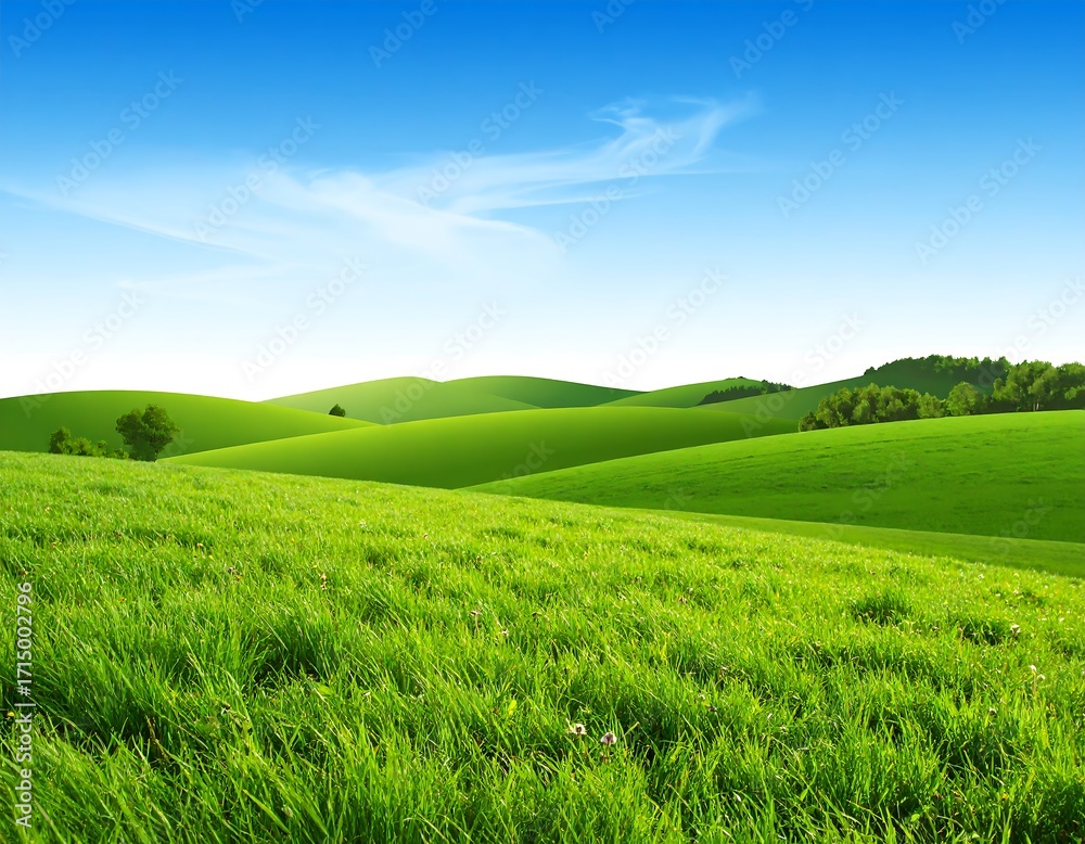 Fototapeta premium Lush green rolling hills bathed in sunlight, a tranquil pastoral scene under a clear blue sky.
