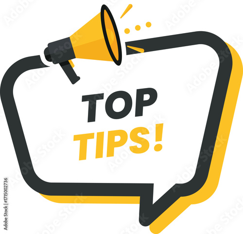Top Tips Banner with Megaphone Vector Illustration – Perfect for Blog Articles, Social Media Marketing, and Educational Announcements