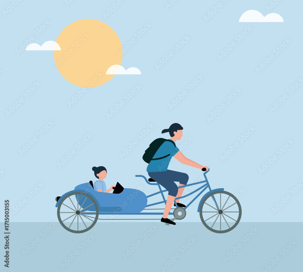 Obraz premium Wholesome ride under the sun—family, freedom, and feline friendship captured in a playful, minimalist moment of joy.