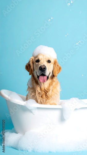 Golden retriever in a bath