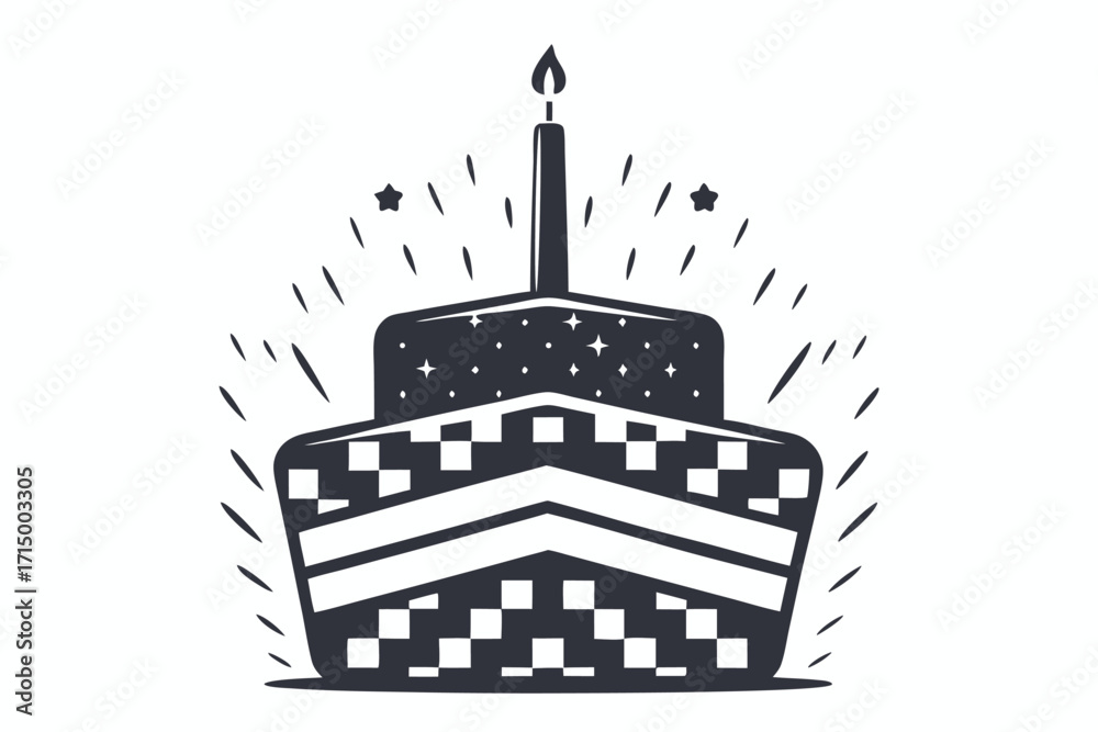 Obraz premium Stylized monochrome birthday cake showcases a lit candle, stars, and a decorative square pattern