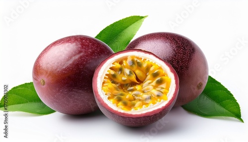 Juicy Passionfruit Whole And Half With Mixed Tasty Pulp Isolated On White Background With Leaf