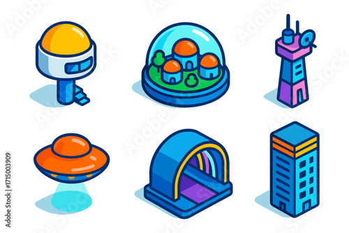 isometric sci-fi architecture icons, observatory, biodome, tower, ufo, tunnel, skyscraper