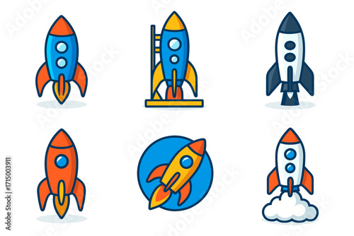 flat startup rocket icons , launcher, liftoff, badge rocket, classic rocket, shuttle plume