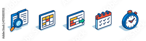 isometric project planning icons , backlog, kanban board, roadmap arrows, calendar, stopwatch