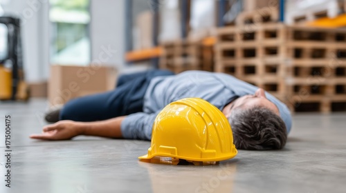 Man in blue shirt lying unconscious on warehouse floor with a yellow hard hat beside him. Workplace accident, safety concept.