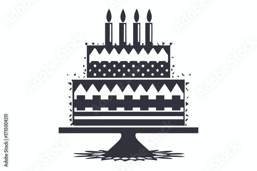 Two tier monochrome cake featuring four lit candles is displayed on a stand