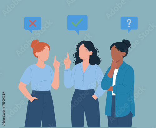 Three diverse characters express agreement, disagreement, and curiosity—highlighting open dialogue, teamwork, and decision-making.