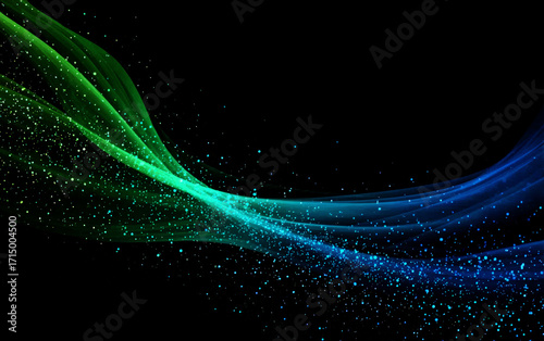 Colorful flowing light waves with sparkling particles on black background