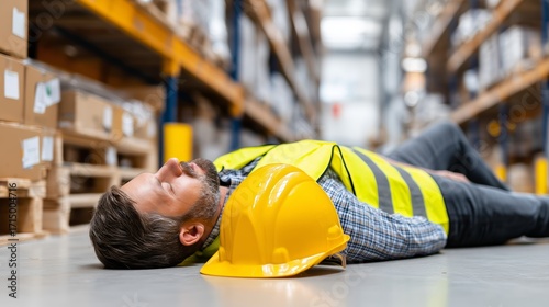 Male worker in a warehouse lying on the floor. Safety concept for work accident, injury, or heat stroke in industrial setting.