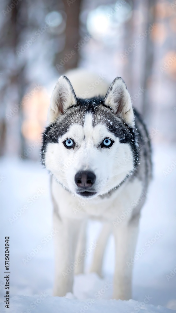 Naklejka premium Husky in snowy forest
