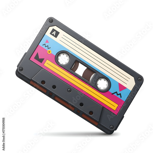 Retro Colorful Cassette Tape with Vibrant 90s Design on White Background