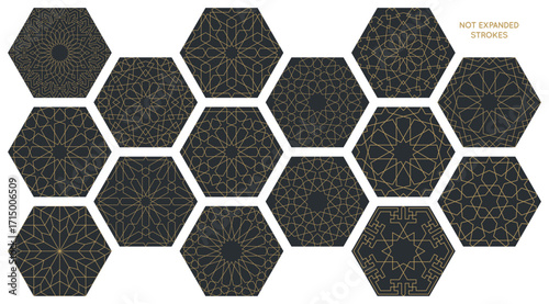 Set of 15 seamless geometric hexagon base patterns in authentic arabian style.