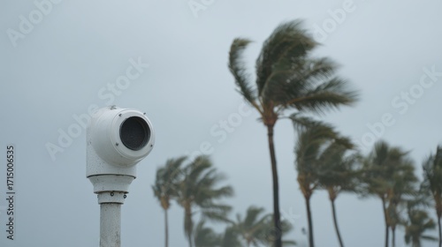 Weather Monitoring Device With Palm Trees Swaying In Strong Wind. Stormy Weather Observation