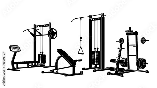 "Modern, flat-style gym equipment illustration set, featuring eight pieces of workout machines in black silhouette form, no gradients or shadows."