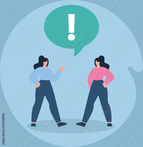 Two women in a tense exchange, highlighted by a bold exclamation—symbolizing urgency, disagreement, or assertive communication.