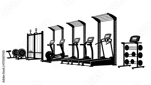 "Frontal view of eight evenly spaced gym equipment silhouettes in simple black shapes, designed in a graphic, icon-like style on a white background."