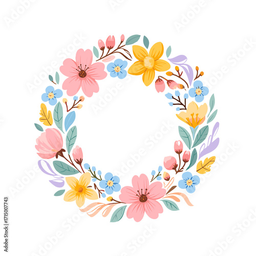 Floral wreath design with colorful flowers and leaves on white background  