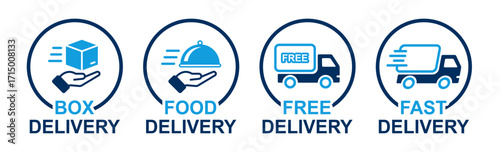 delivery icons for free, food, fast and box delivery. delivery icons can be used for courier, order, retail, parcel, cargo, package, business, transportation, online shopping etc purpose. 
