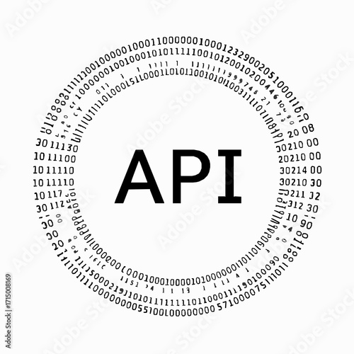 API text in a black circle of binary code and numbers on a white background digital technology