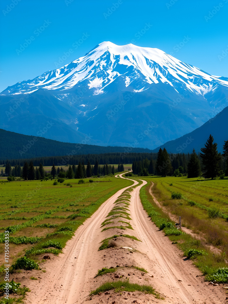 Fototapeta premium unimproved road and dirt way covered by green plants in agricultural field with magnificent grand mountain (uludag) background and huge snow remains on peak of the mountain and blue sky background