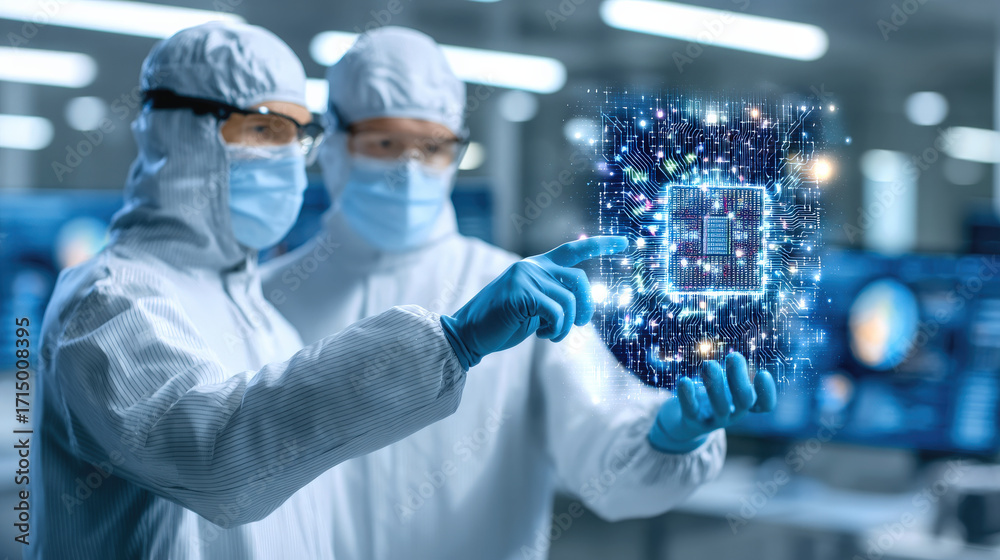 Obraz premium Two scientists in sterile cleanroom suits are examining glowing microchip in high tech laboratory, showcasing their focus and dedication to innovation and technology