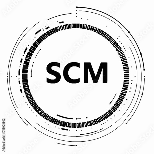 SCM acronym in a circular technological HUD interface with digital elements and data streams Keywords: SCM, acronym, technology, digital, data, interface, HUD, circular