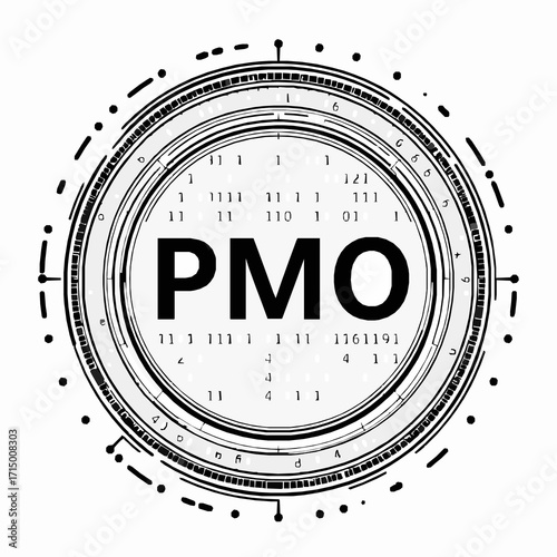 PMO text within a layered circular graphic with digital elements and numbers letters