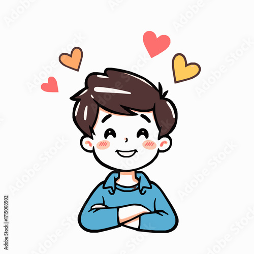Cartoon boy with arms crossed smiling with pink and yellow hearts floating around his head child happy