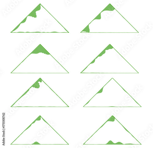 Green triangular audio spectrum visualizer icons, abstract sound waveforms in triangle shapes, minimal music reactive PNG elements with transparent background for video editing and motion design proje