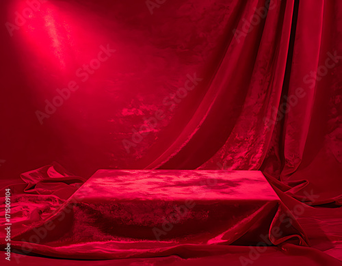 Dramatic red velvet stage with spotlight and drapes for product display