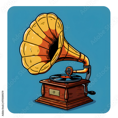Flat Illustration of Classic Golden Orange Gramophone with Large Horn on Blue Background