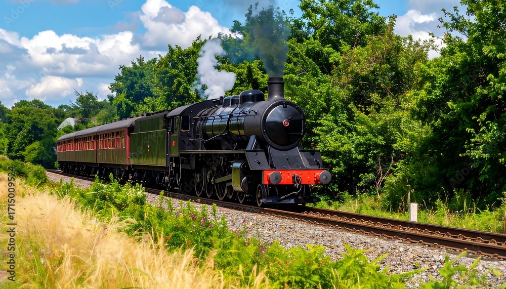 Obraz premium Vintage Steam Train Chugging Through Lush Green Landscape