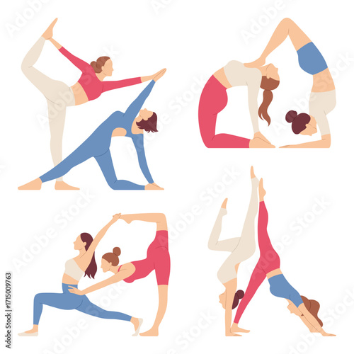 Collection of Women Practicing Pair Yoga Poses.