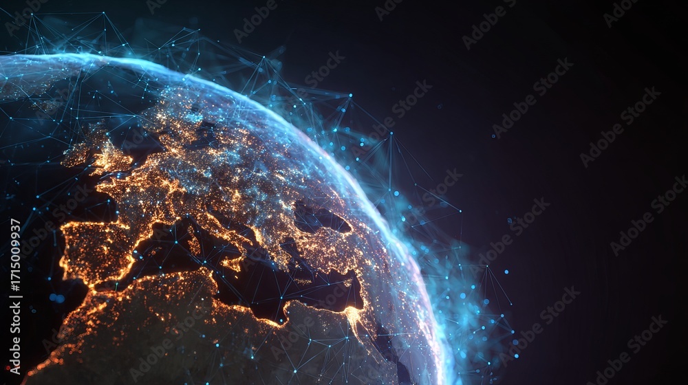 Obraz premium Global network connections illuminate Earth at night, showing worldwide digital transformation and data flow.
