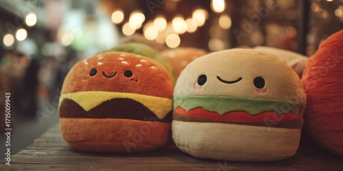 Close up of two burger plushies with cute faces sitting on a wooden surface with bokeh background