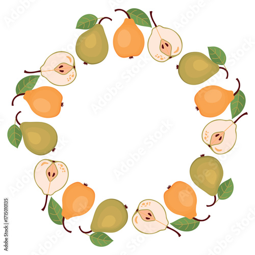 Autumn harvest frame with pears. Ripe fruits, whole and halves with seeds. Round border with cartoon object with copy space. Botanical composition on white background. Vector design in flat colors.