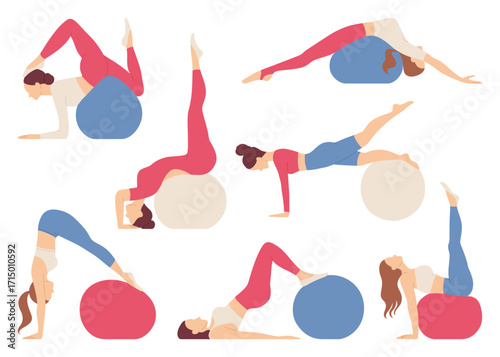Set of Woman Doing Sport Exercises with Fitball. 