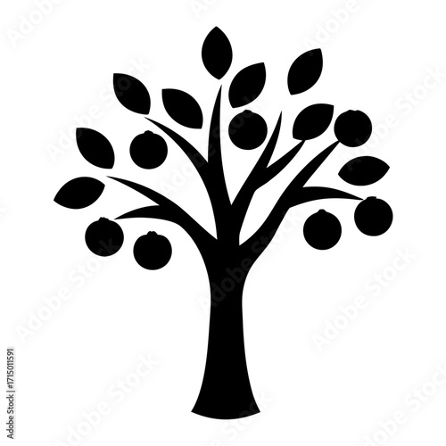 Simple Black and White Fruit Tree with Leaves and Abundant Fruit