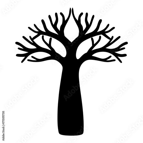 Striking silhouette of a baobab tree against a stark white background