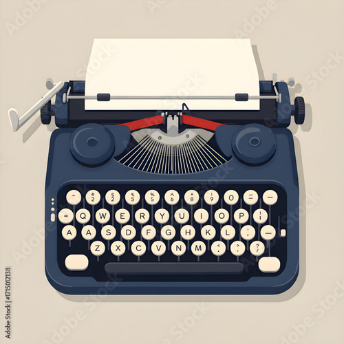 Vintage Navy Blue Typewriter with White Page on Neutral Background