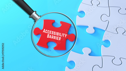 Accessibility Barrier message magnified on red puzzle background in 3D text banner