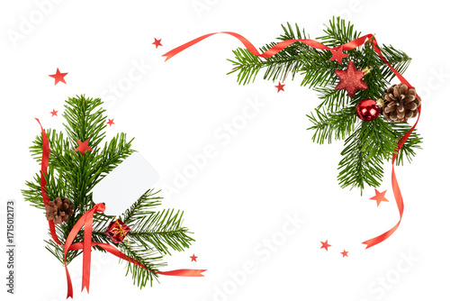christmas decoration card frame with red ribbon band and fir tree branches isolated on white or transparent png